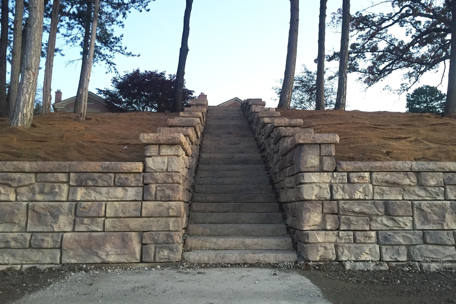 A set of stairs going up a hill with trees in the background