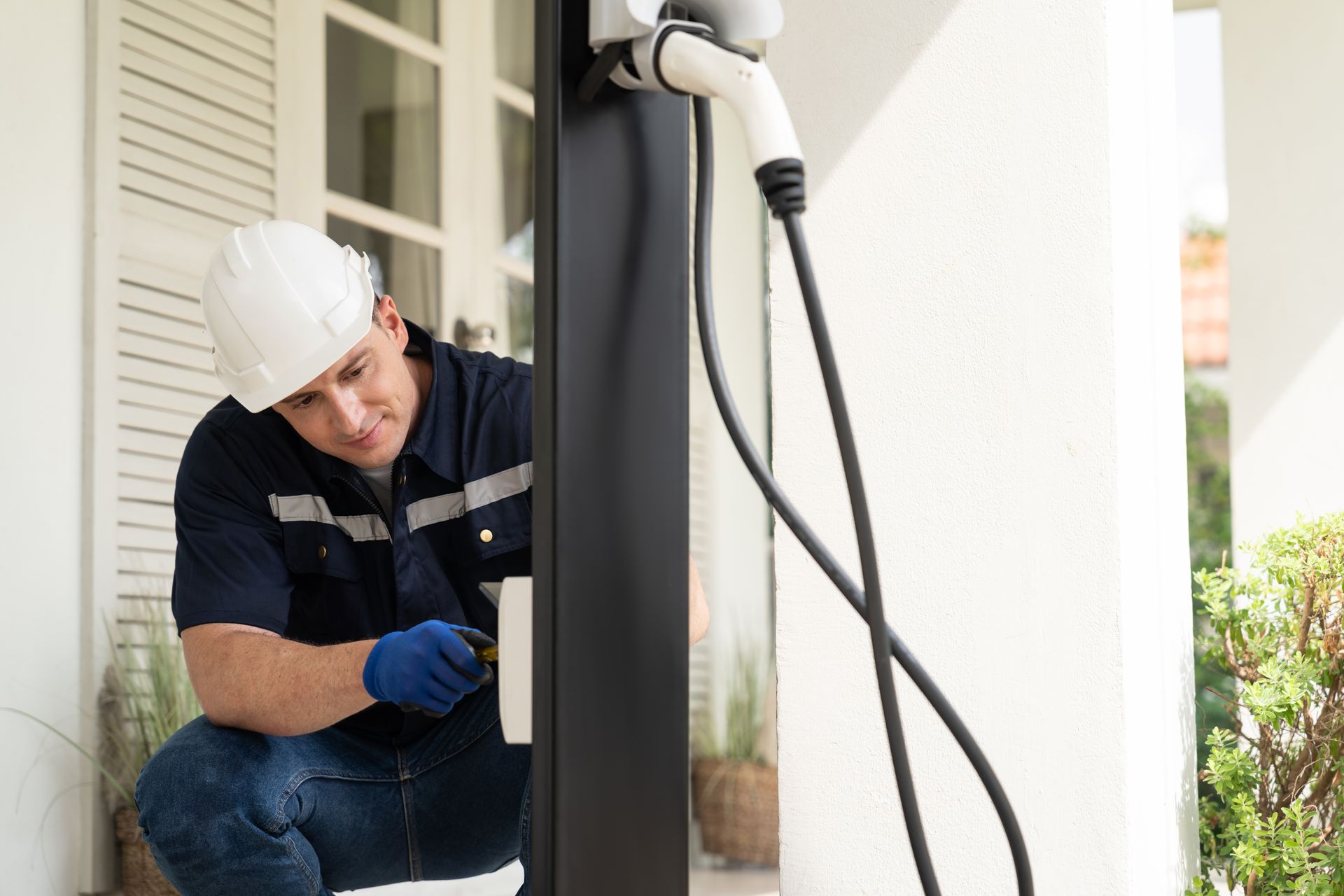 Electrician installs EV charger on a white building exterior. He wears a hard hat and works with tools.