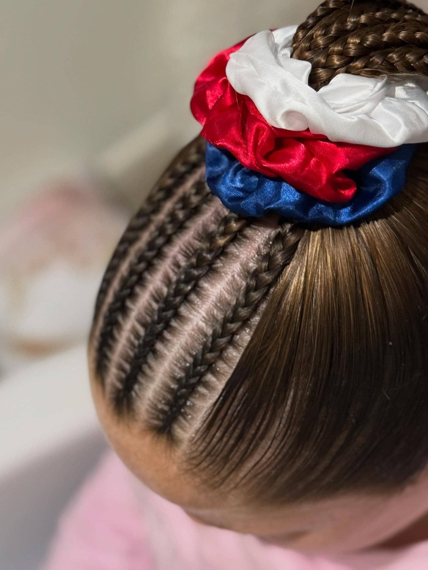 Close-up of Braided Hairstyle With Red, White, and Blue Scrunchies β Sweet Parties & Braids in Tatton, NSW