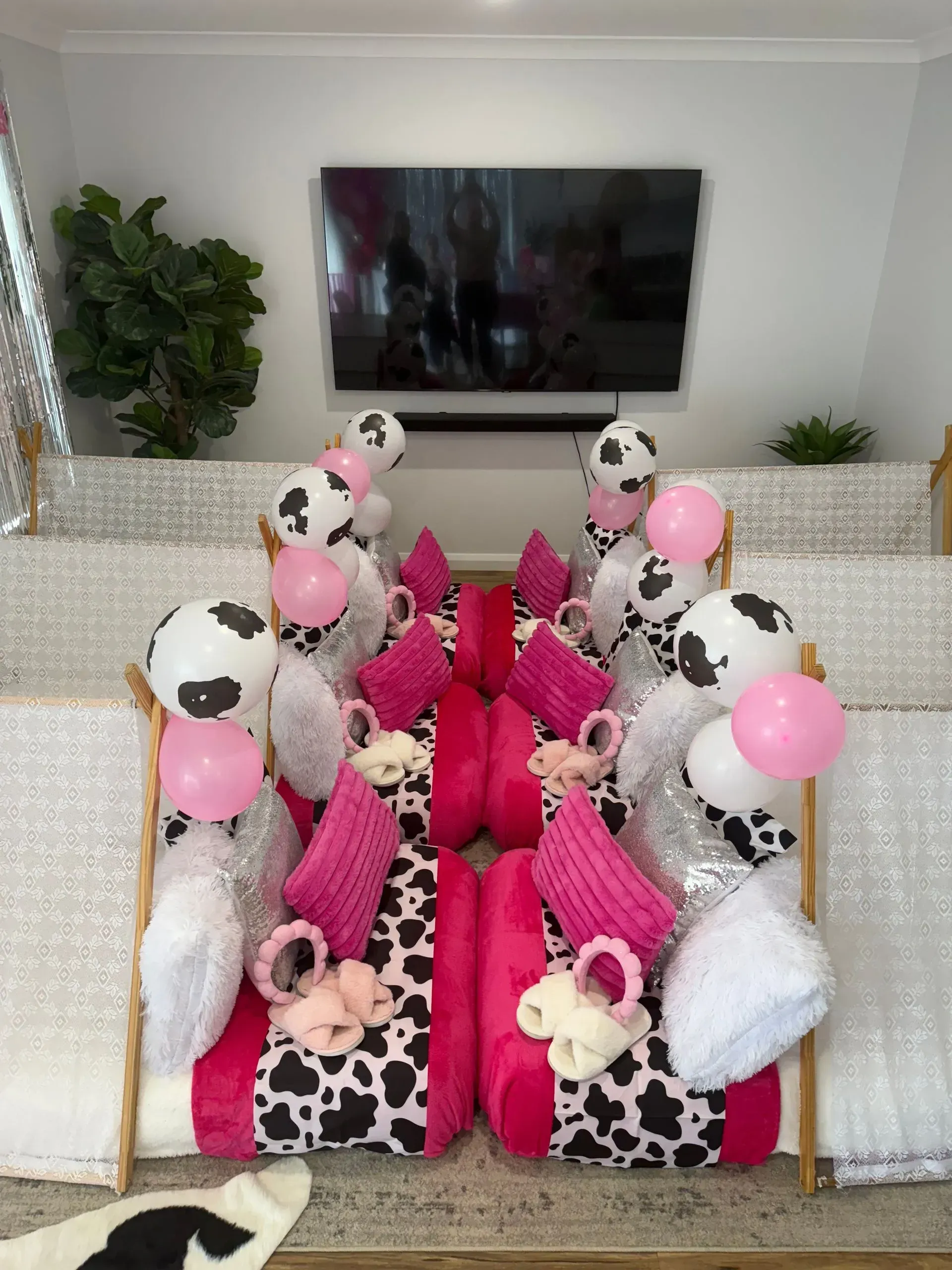 Children’s Party Table With Pink and Black Cow-print Decorations — Sweet Parties & Braids in Tatton, NSW