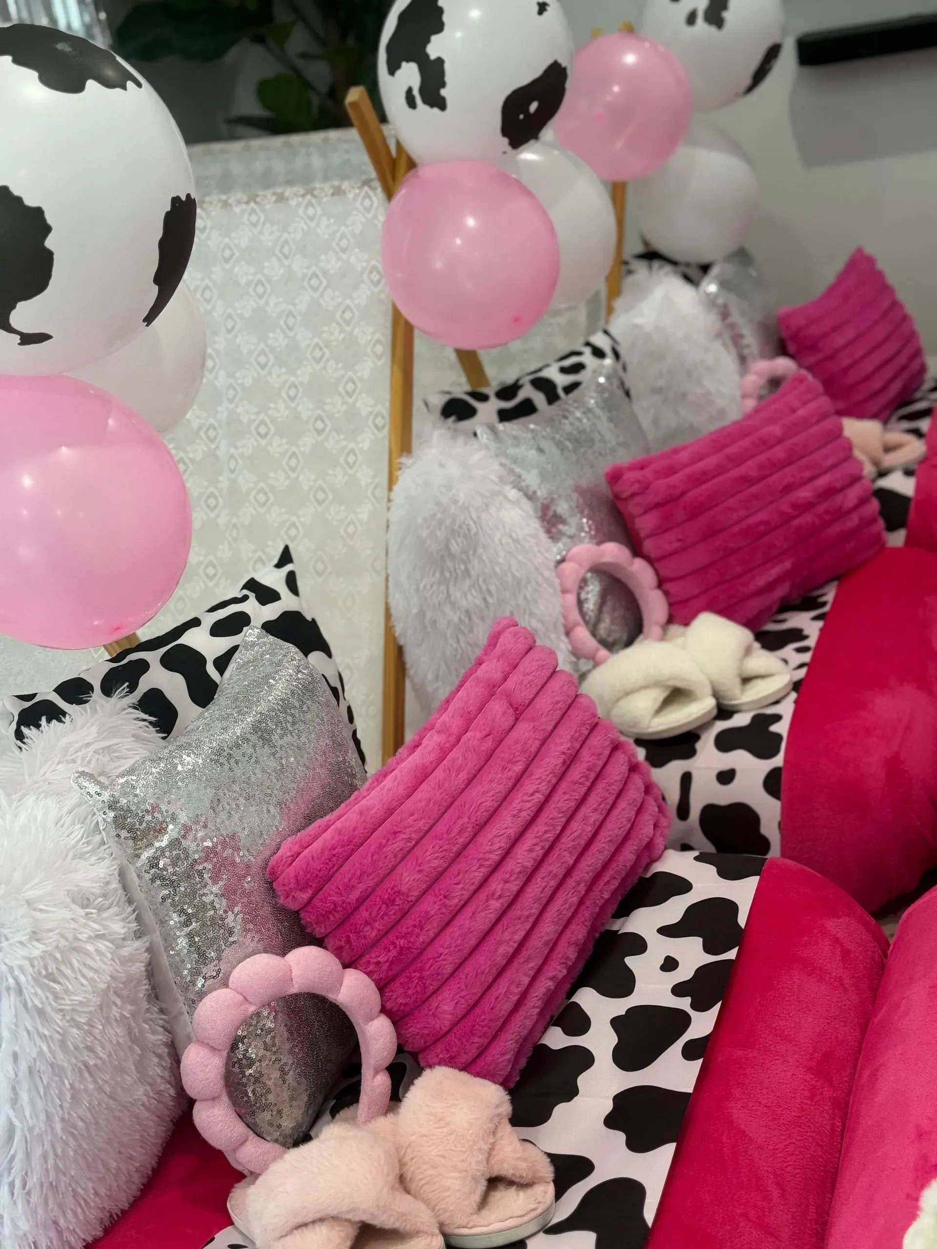 Pink and Black Cow-print Decor With Balloons — Sweet Parties & Braids in Tatton, NSW