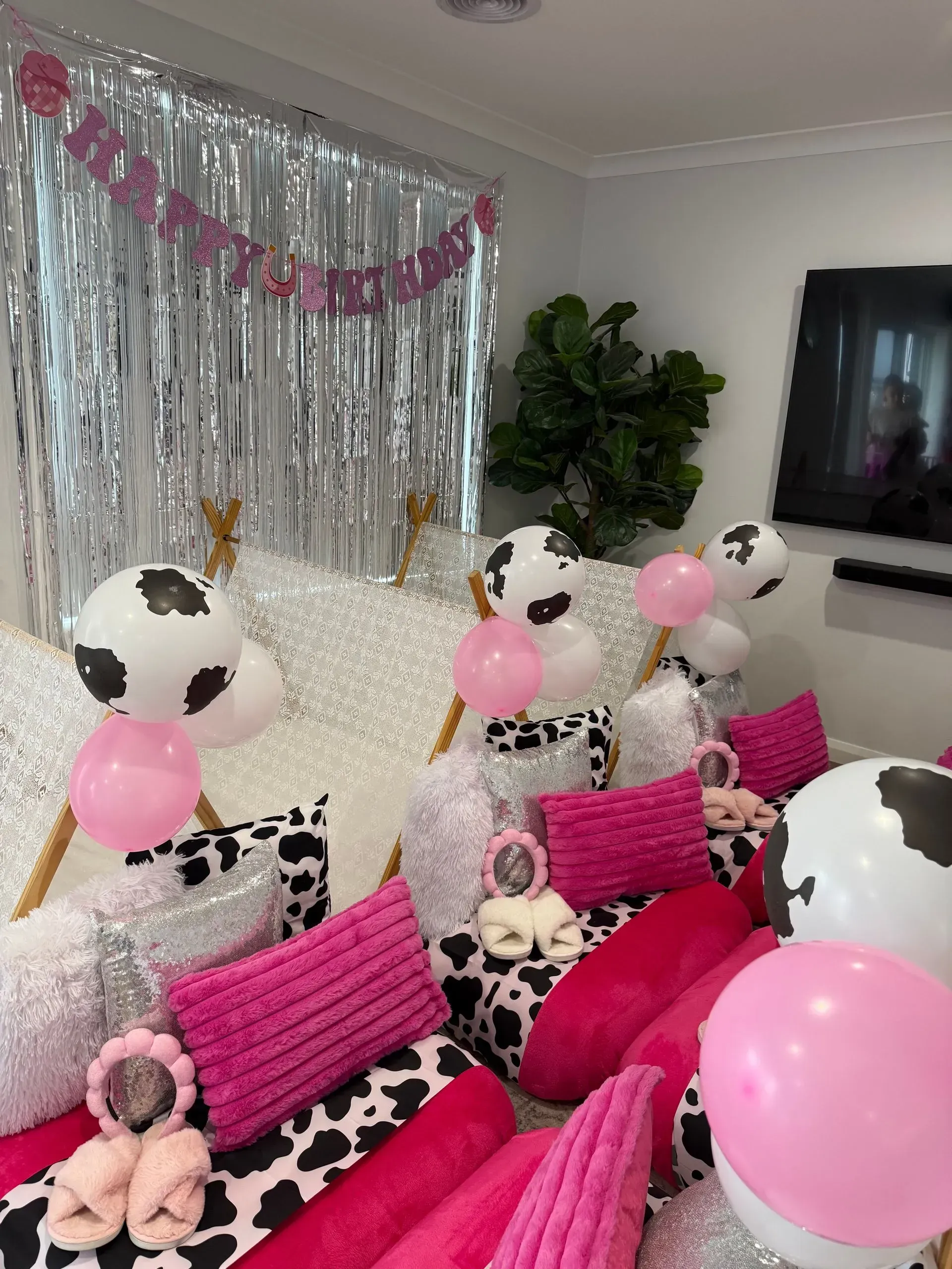 Decorated Living Room With Cow-print Balloon Figures — Sweet Parties & Braids in Tatton, NSW
