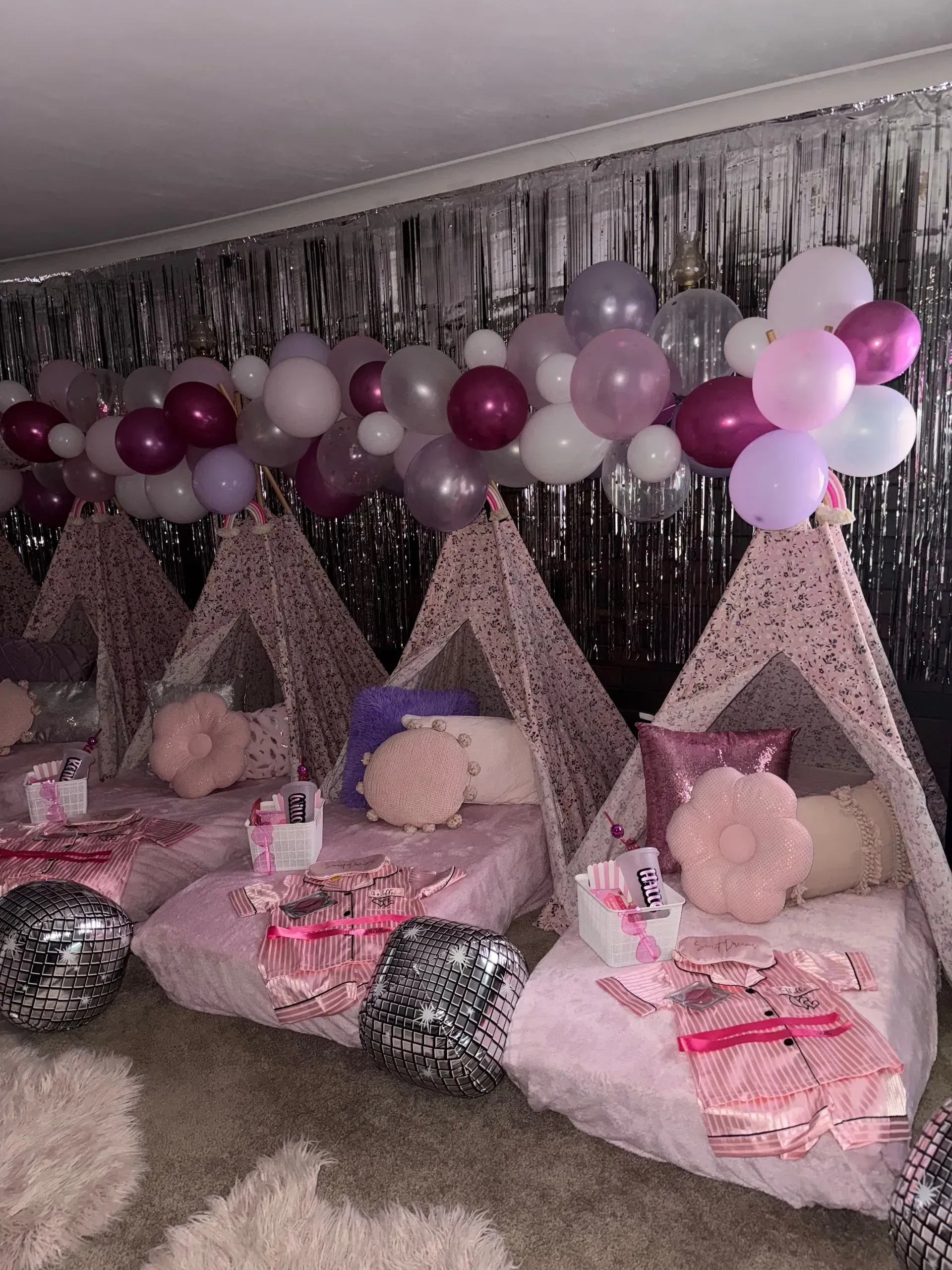 Pink and Silver Party Sleepover Setup With Balloon Garland — Sweet Parties & Braids in Tatton, NSW