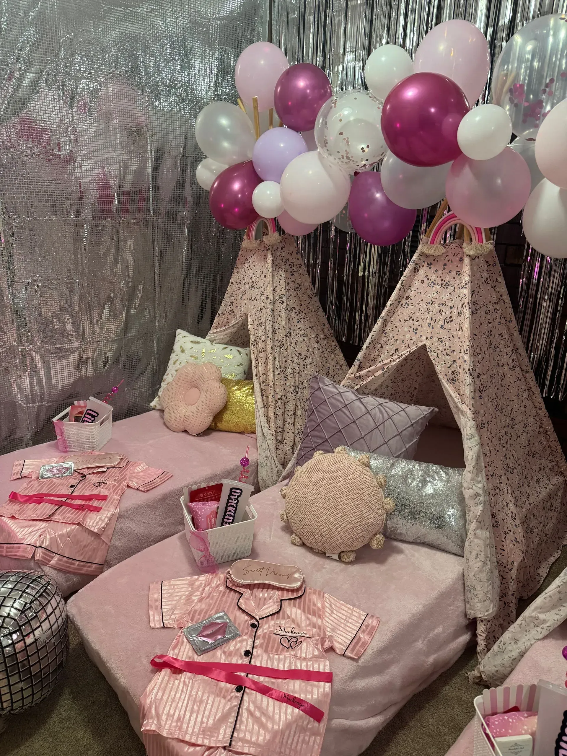 Pink and White Balloon-decorated Teepee Lounge — Sweet Parties & Braids in Tatton, NSW