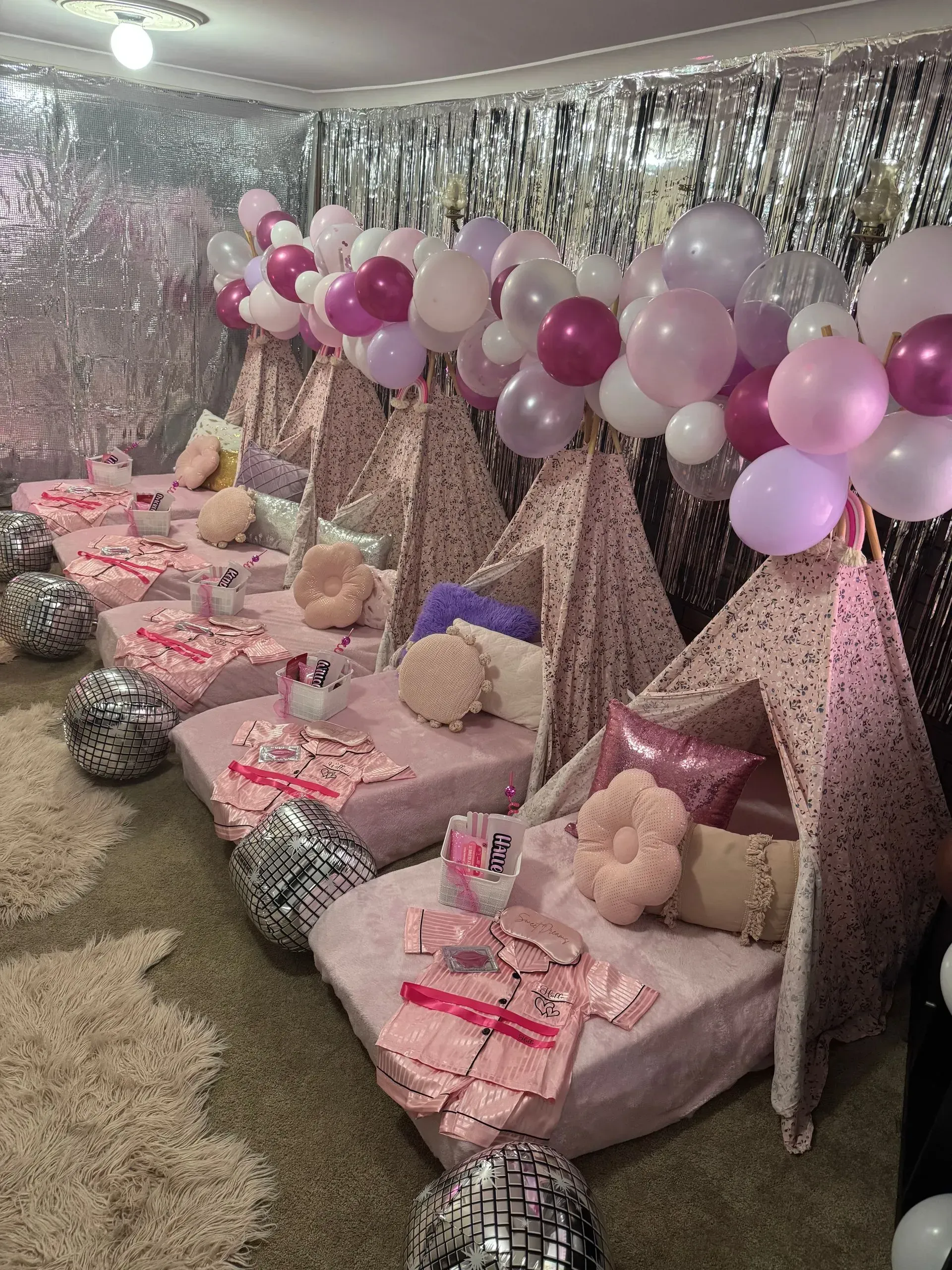 Pink and Silver Party Tent With Balloons — Sweet Parties & Braids in Tatton, NSW