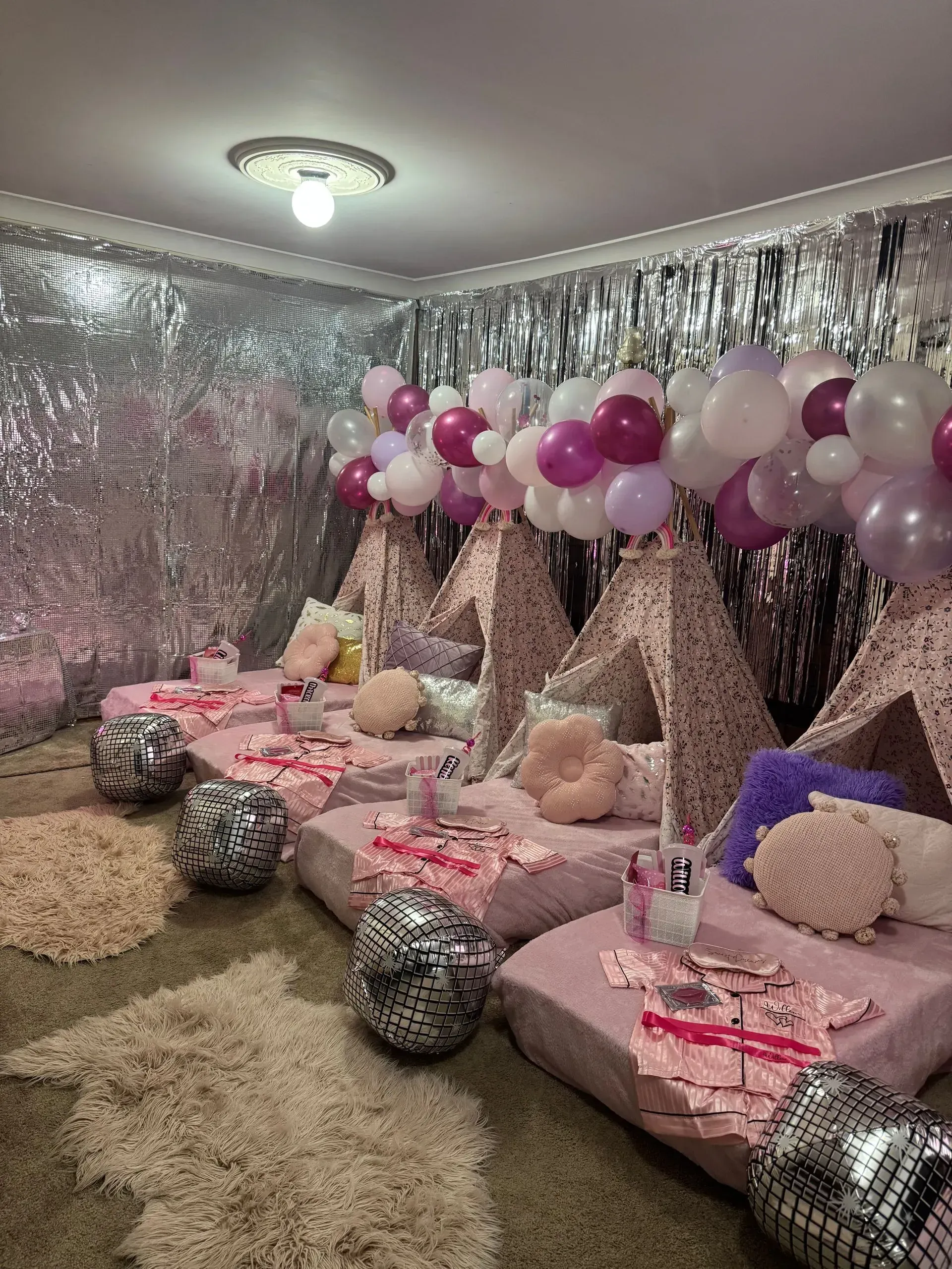 Pink and Silver Decorated Lounge With Balloons — Sweet Parties & Braids in Tatton, NSW
