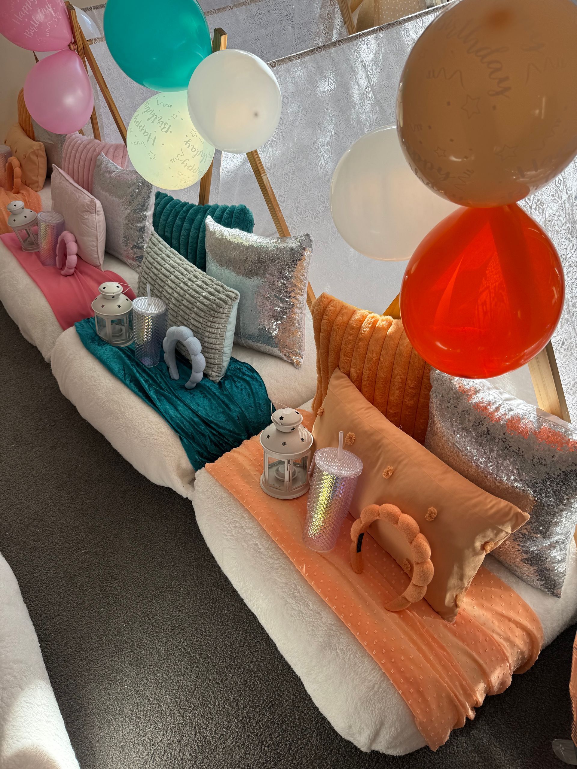 Balloon-decorated Floor Seating With Colourful Cushions — Sweet Parties & Braids in Tatton, NSW
