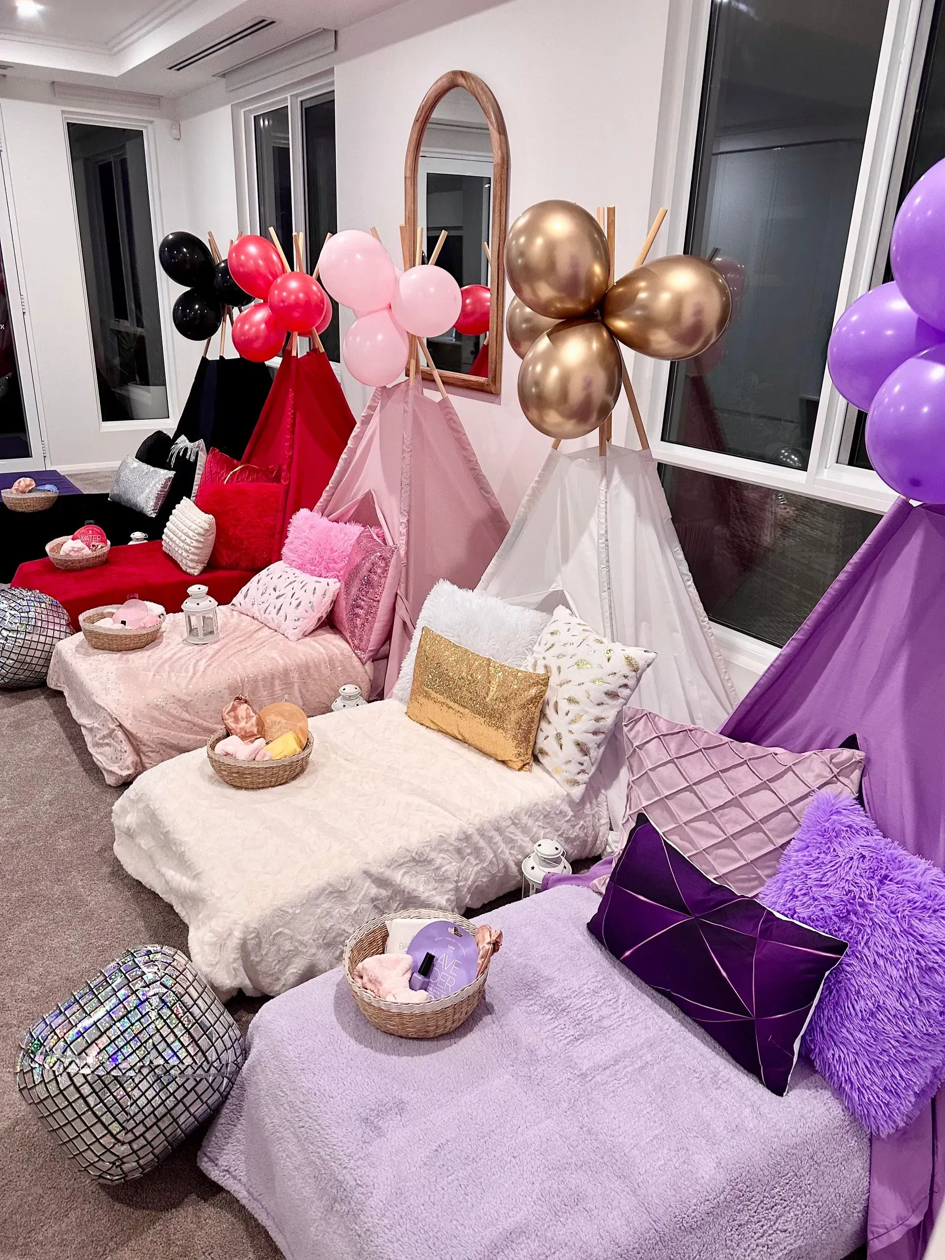 Party Lounge With White Seating, Gold and Purple Balloons — Sweet Parties & Braids in Tatton, NSW