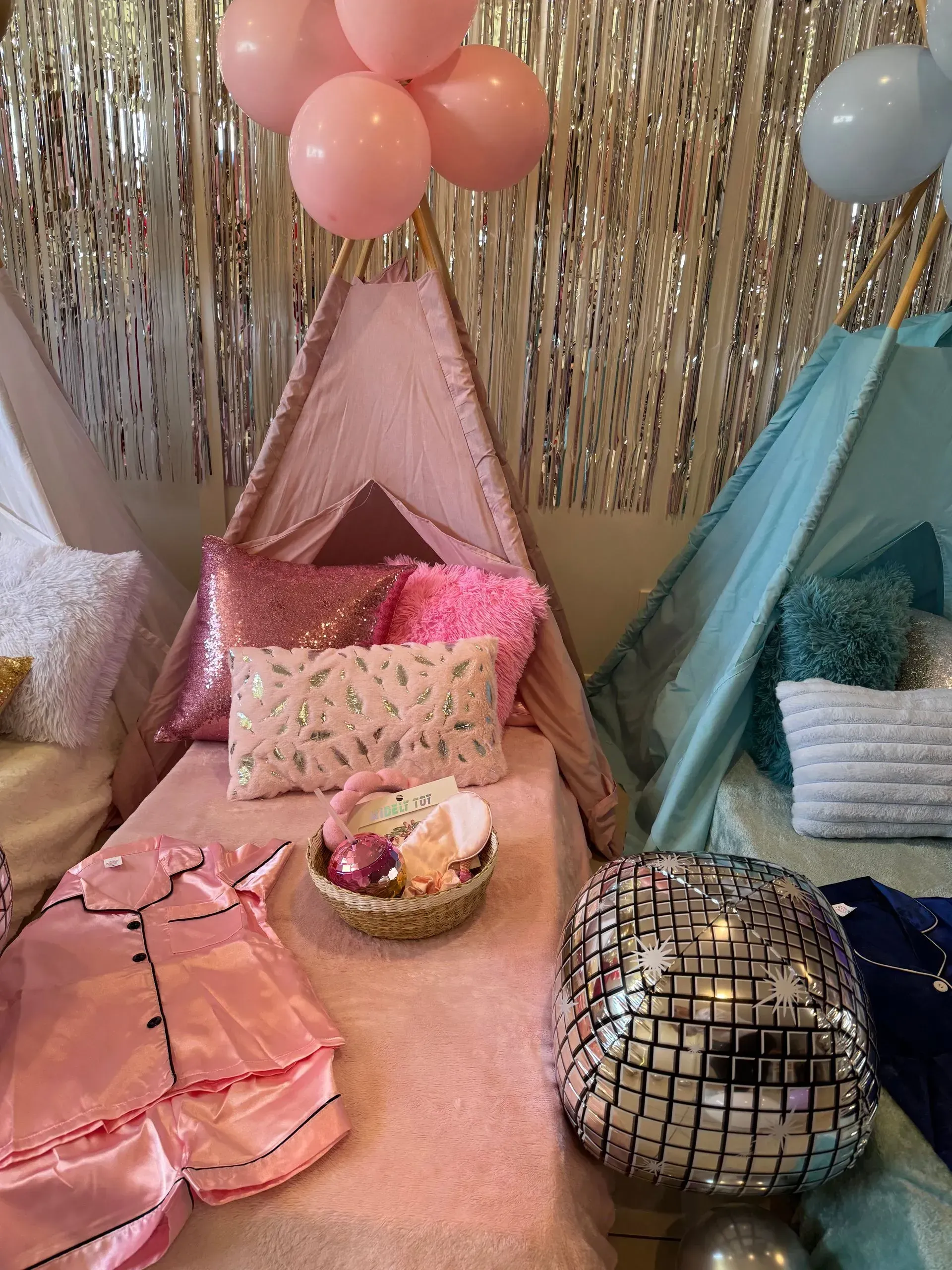 Pink Teepee Party Setup With Balloons and a Mirrored Disco-ball — Sweet Parties & Braids in Tatton, NSW