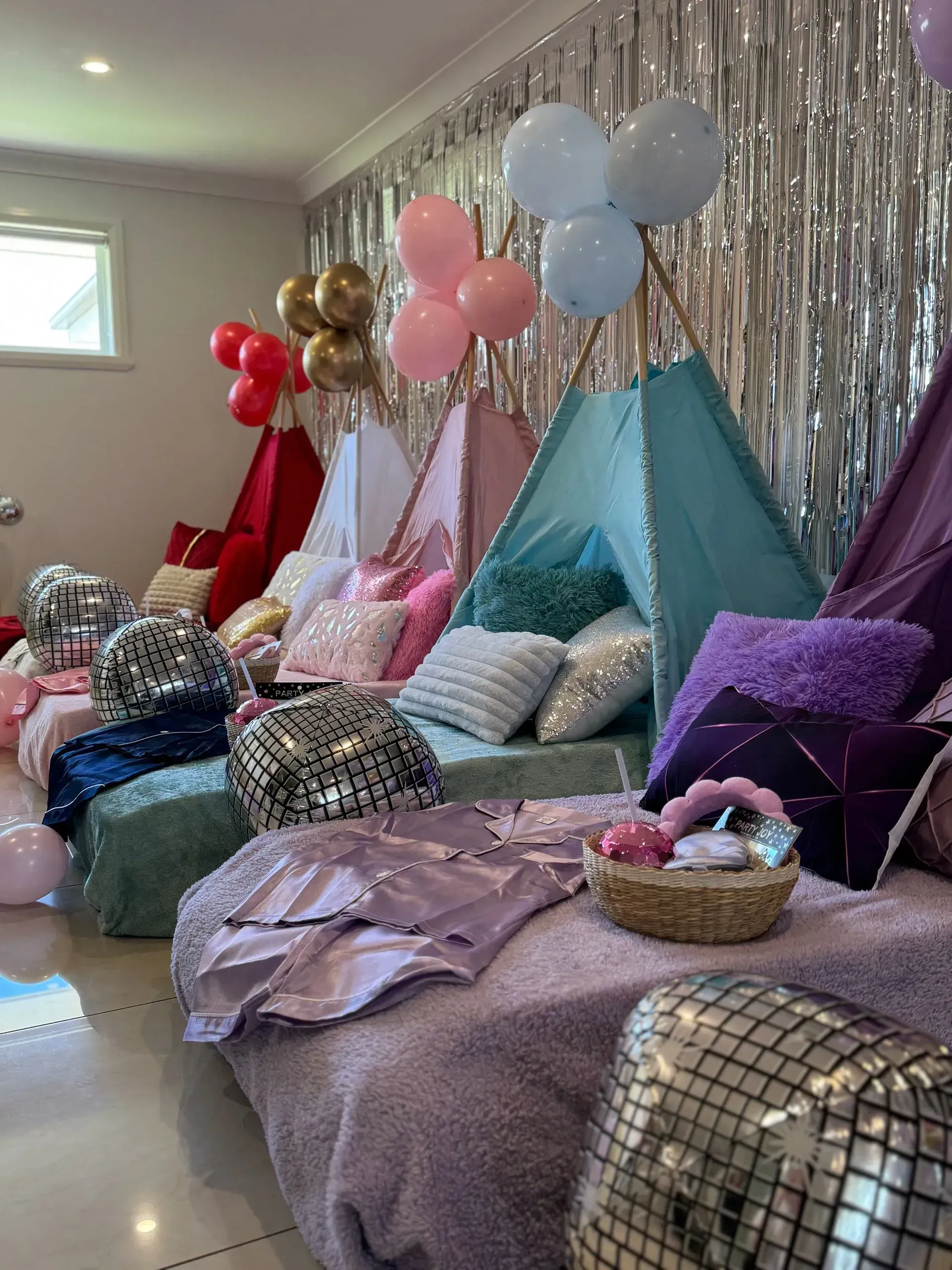 Colorful Indoor Tent Party Setup With Balloons — Sweet Parties & Braids in Tatton, NSW