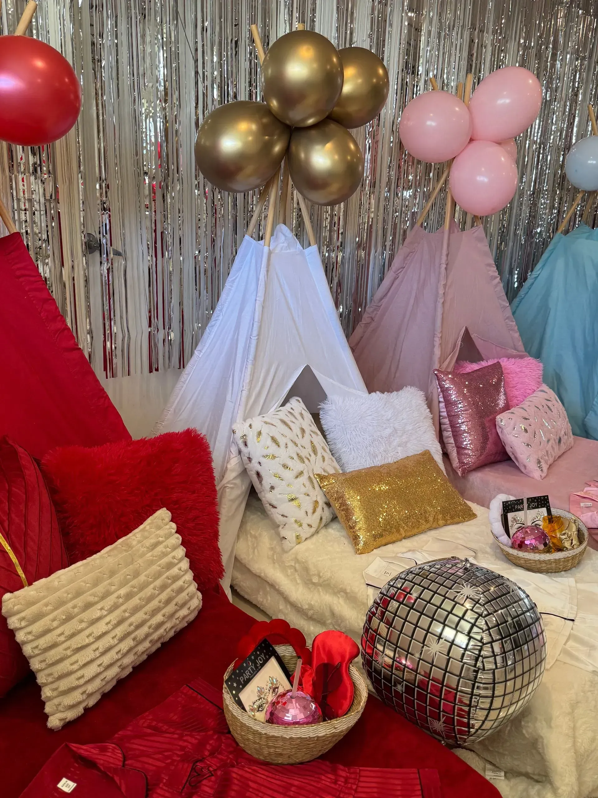 Party Lounge With Gold, Pink, and Red Balloons — Sweet Parties & Braids in Tatton, NSW