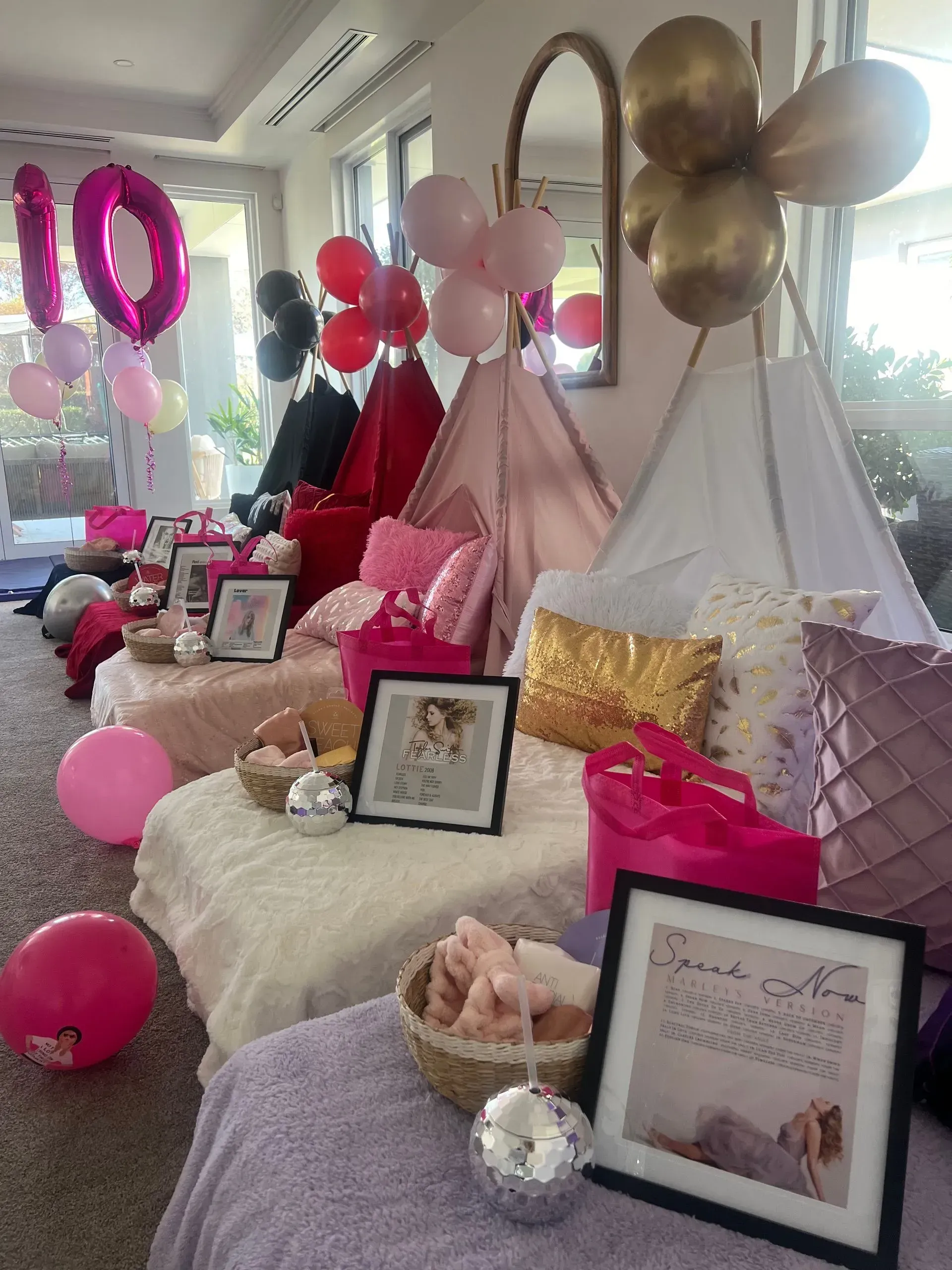 Pink and Gold Birthday Party Setup With Balloons — Sweet Parties & Braids in Tatton, NSW