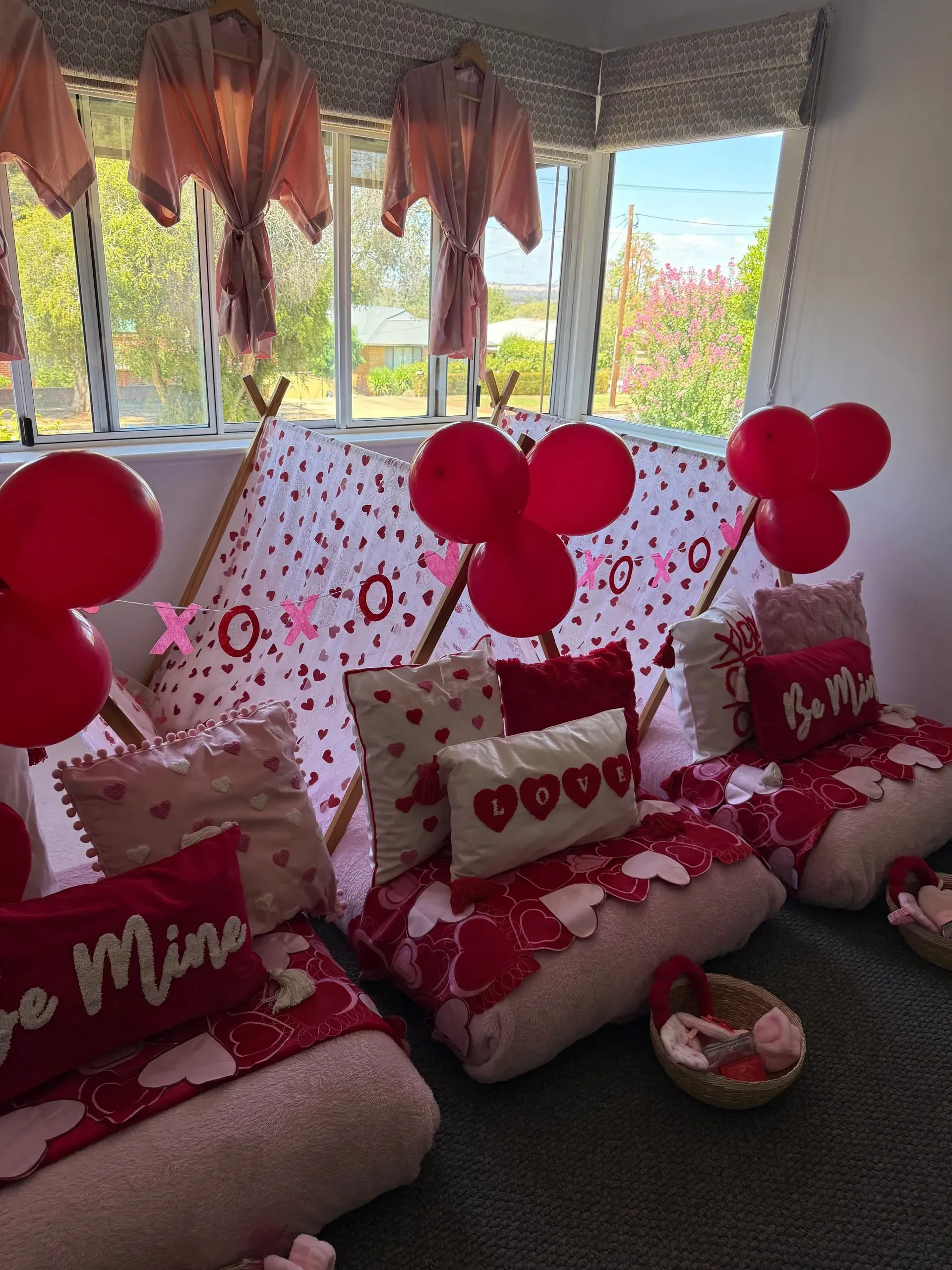 Red Valentine’s Day Living Room Display With Heart Balloons — Sweet Parties & Braids in Tatton, NSW