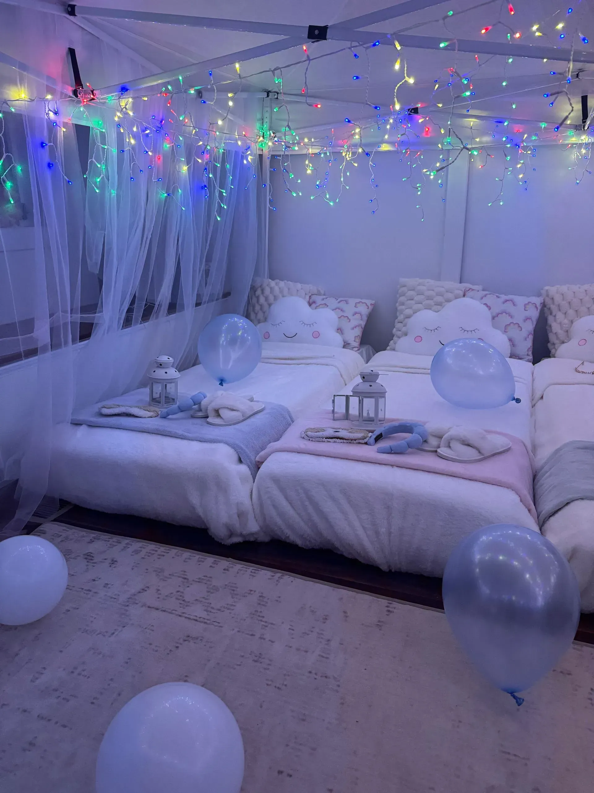 White Canopy Lounge With Twinkling String Lights — Sweet Parties & Braids in Tatton, NSW