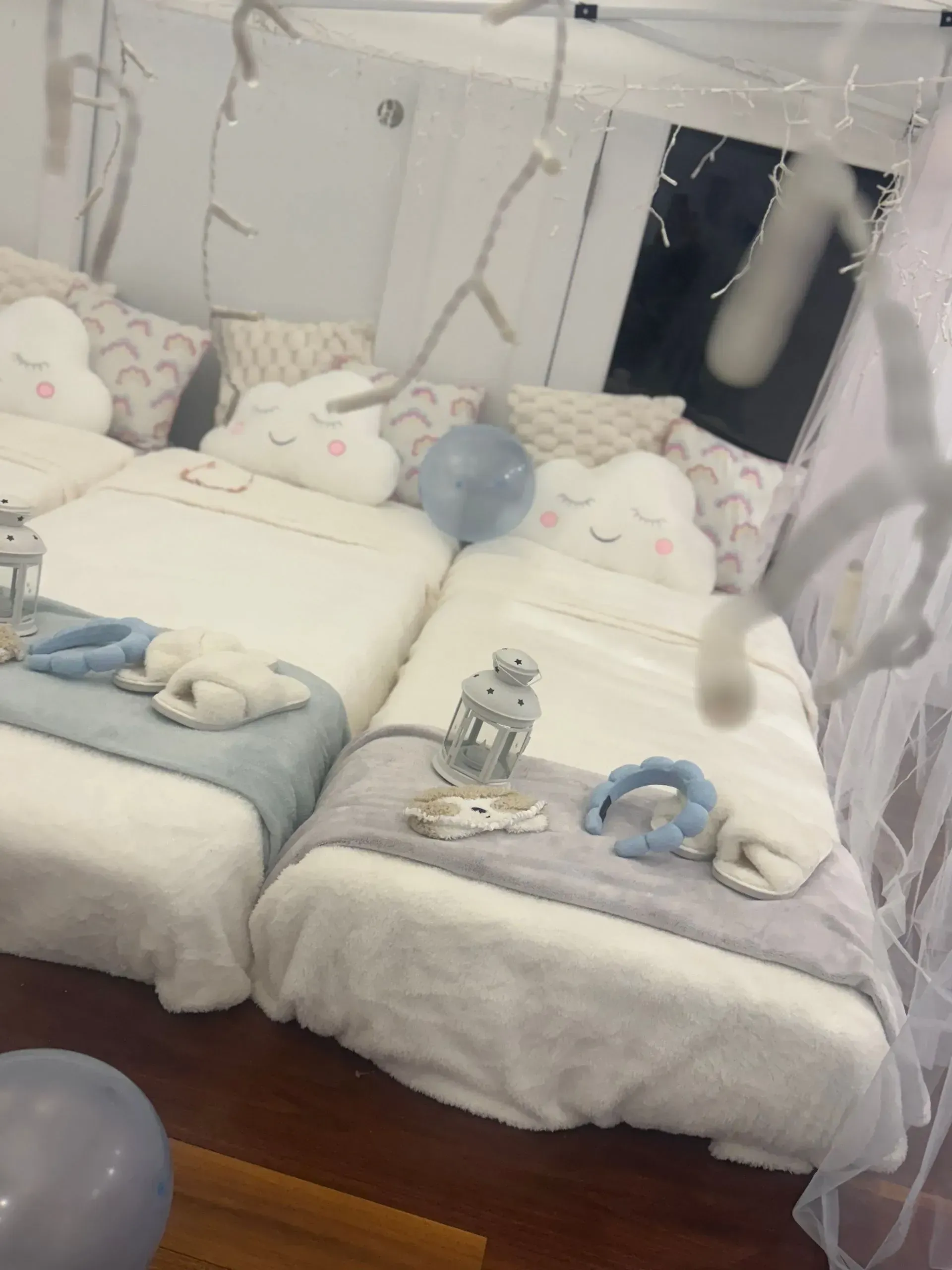 Two Low White Beds With Plush Cat Pillows — Sweet Parties & Braids in Tatton, NSW