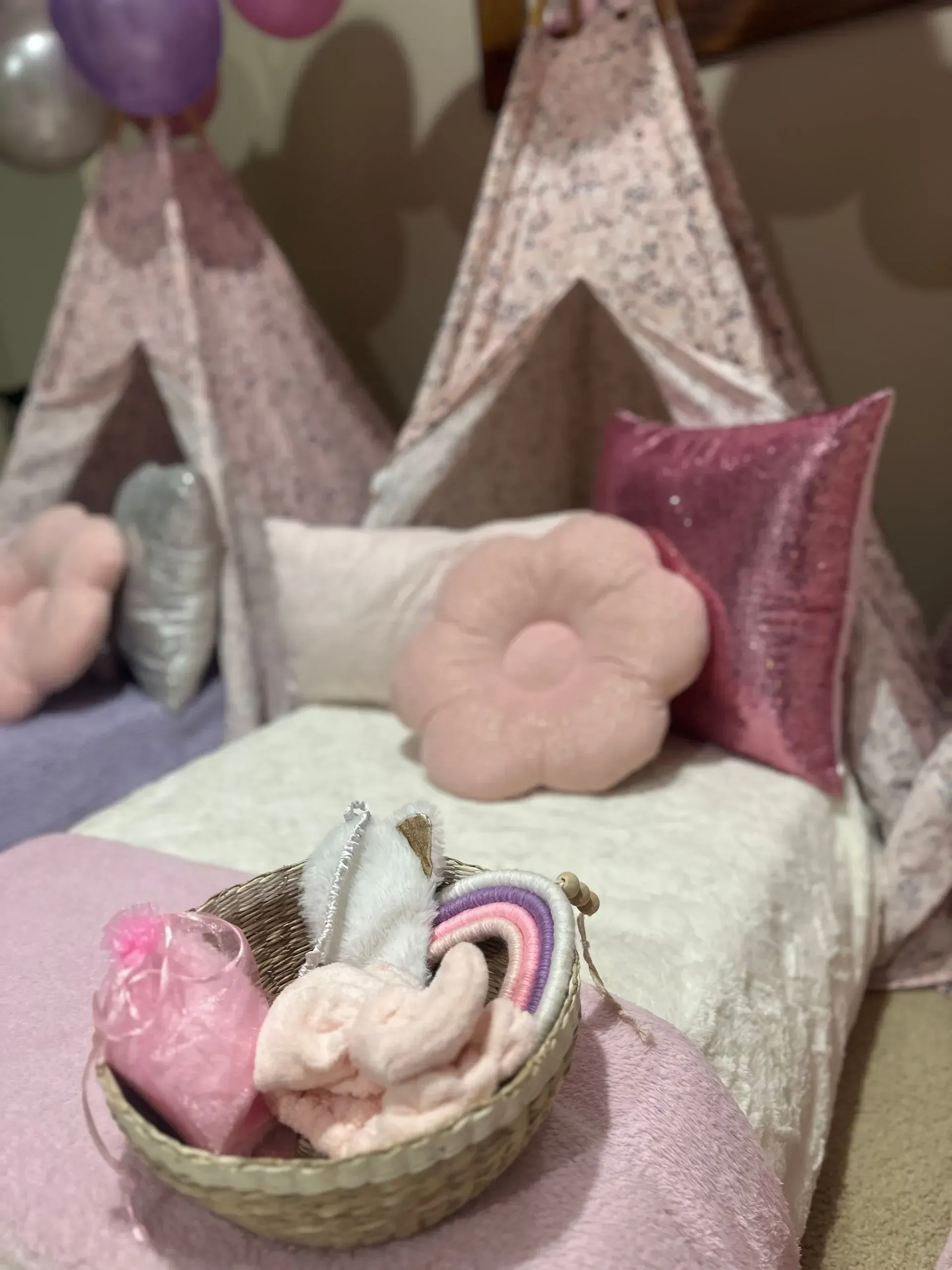 Pink and Cream Miniature Teepee Play Tents With Pillows — Sweet Parties & Braids in Tatton, NSW