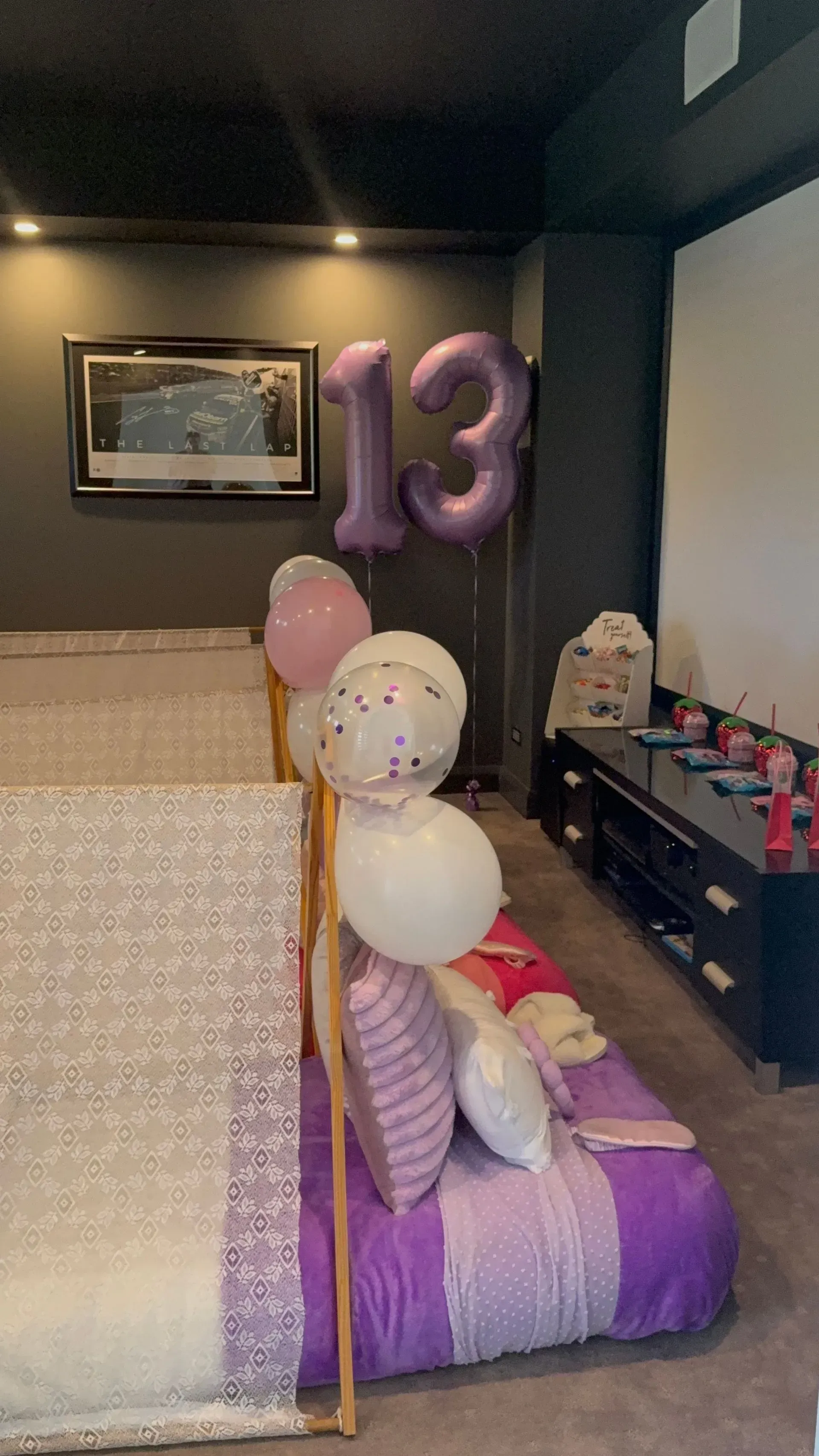 Birthday Party Room With a Purple Bed and Balloon — Sweet Parties & Braids in Tatton, NSW