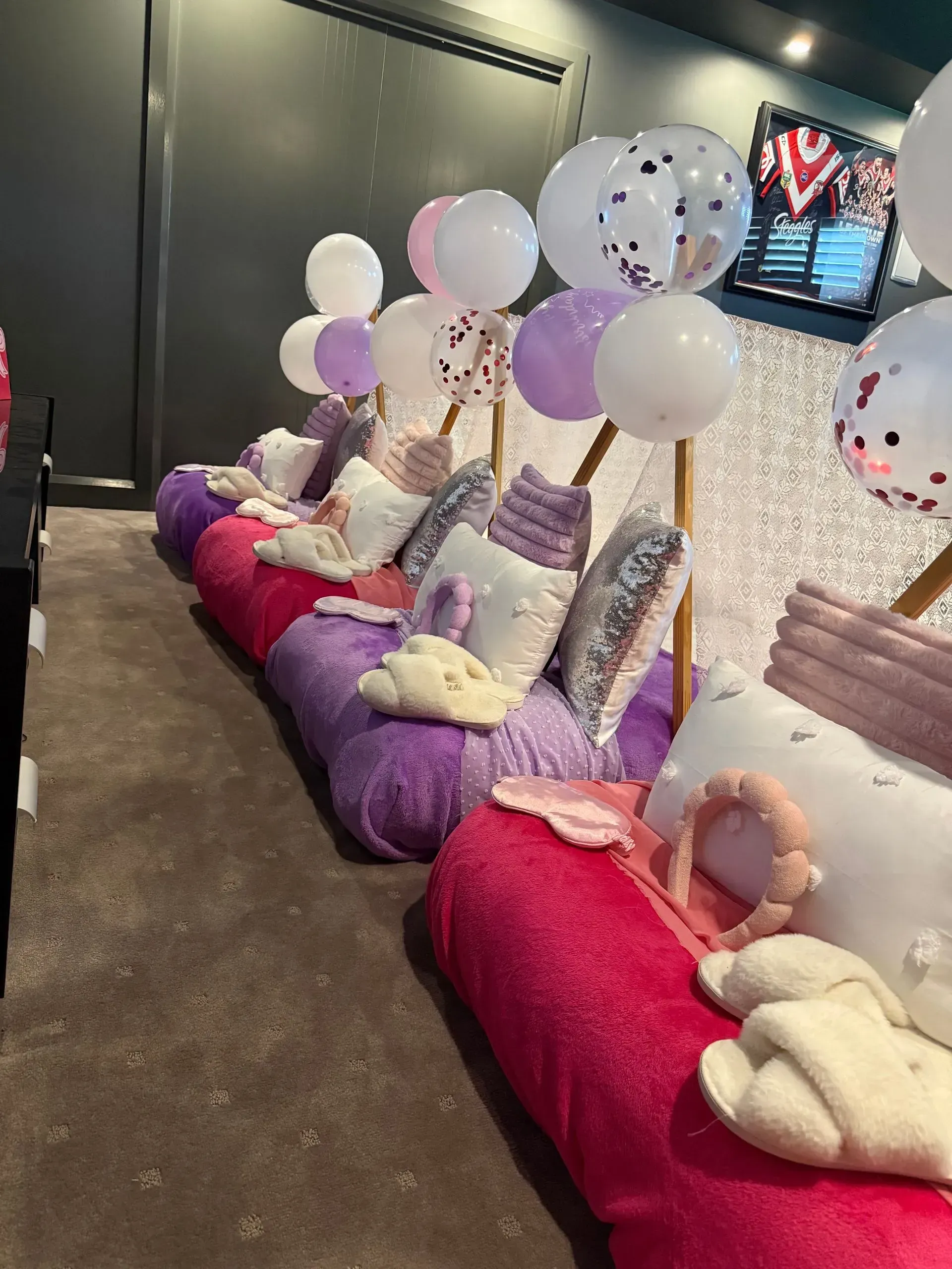 Purple and Pink Balloon-decorated Lounging Area With Cushions — Sweet Parties & Braids in Tatton, NSW
