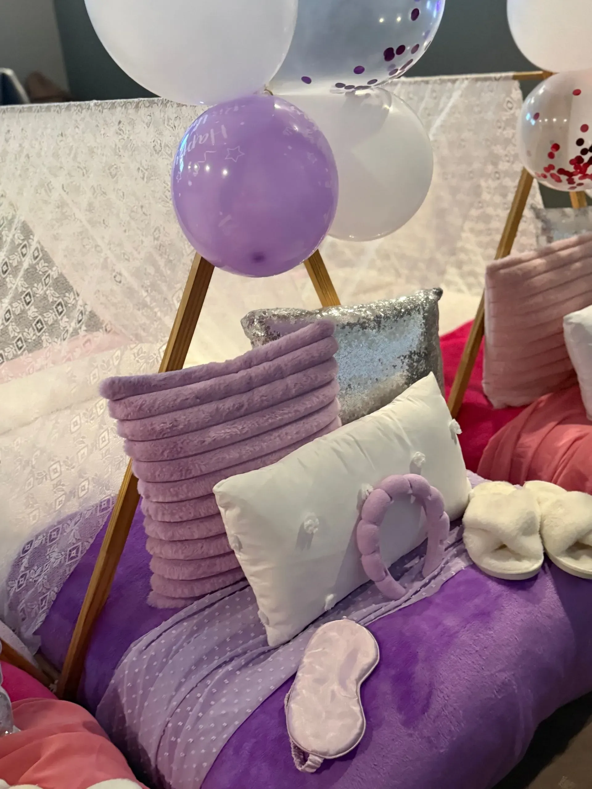 Purple-themed Play Tent With Pillows, Balloons, and a Plush Toy — Sweet Parties & Braids in Tatton, NSW
