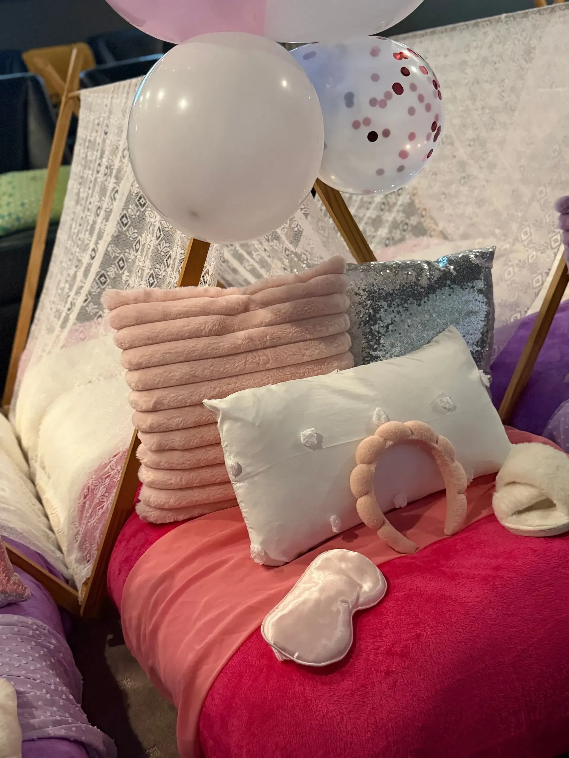 Pink and White Balloon-themed Display With Pillows — Sweet Parties & Braids in Tatton, NSW