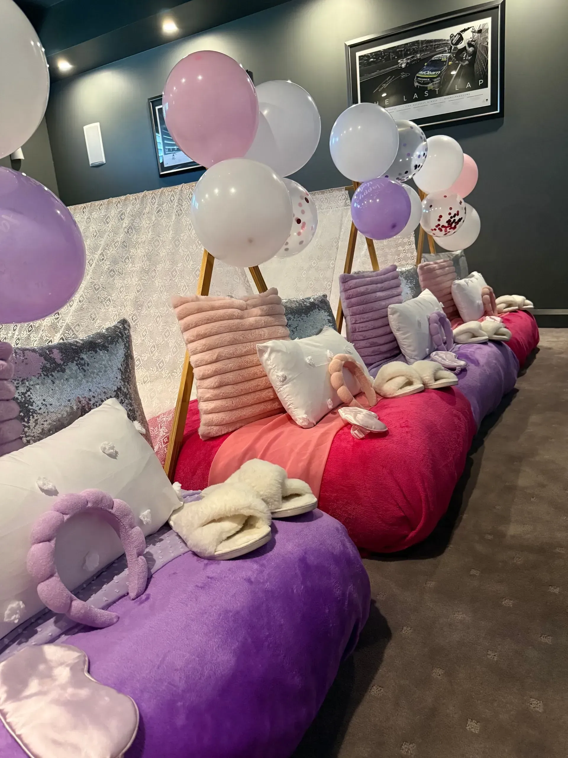 Colorful Balloon-filled Lounge With Pastel Cushions and Blankets — Sweet Parties & Braids in Tatton, NSW