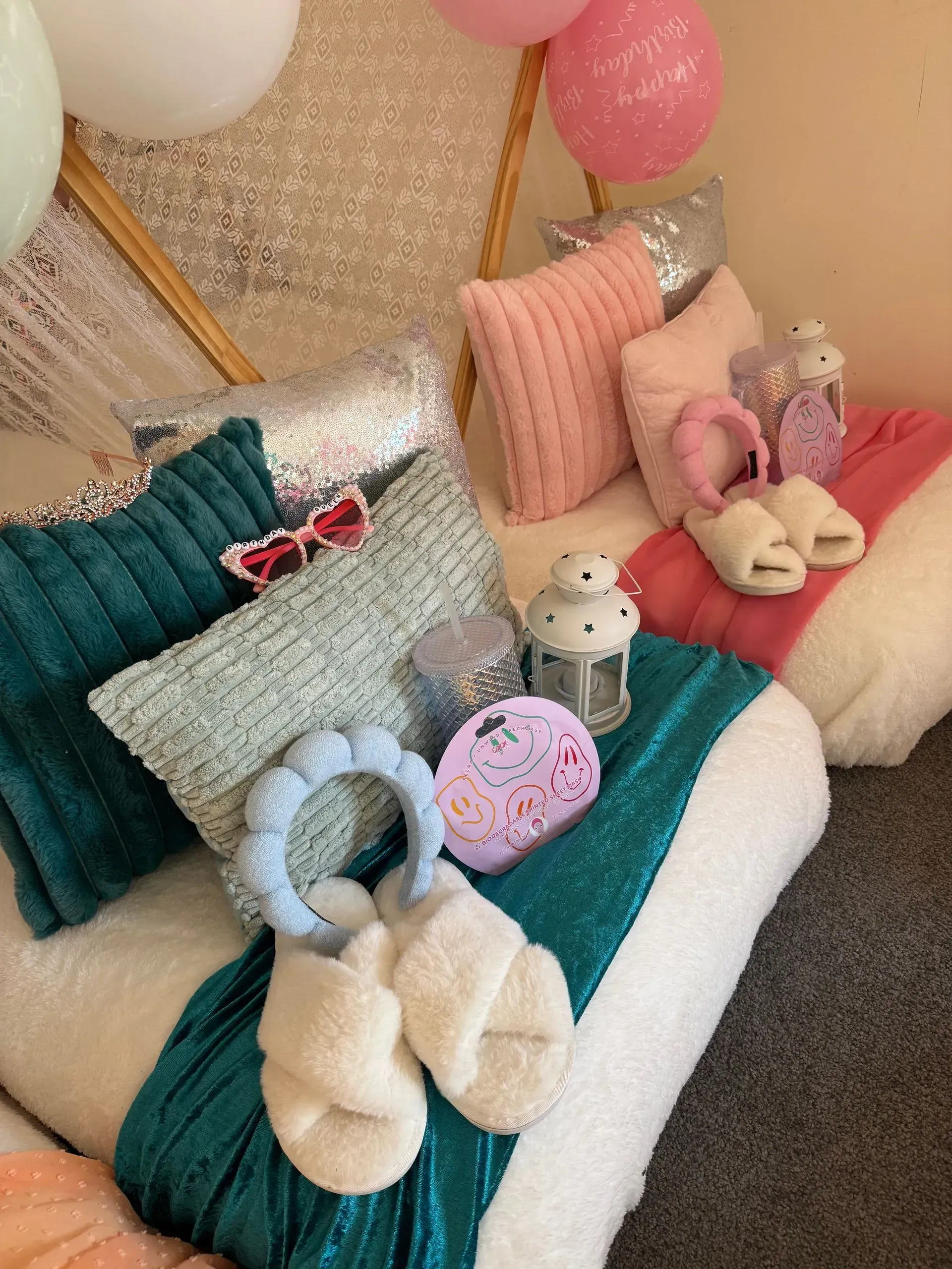 Cozy Bed With Pillows, Slippers, a Candle, and Pink Balloons — Sweet Parties & Braids in Tatton, NSW