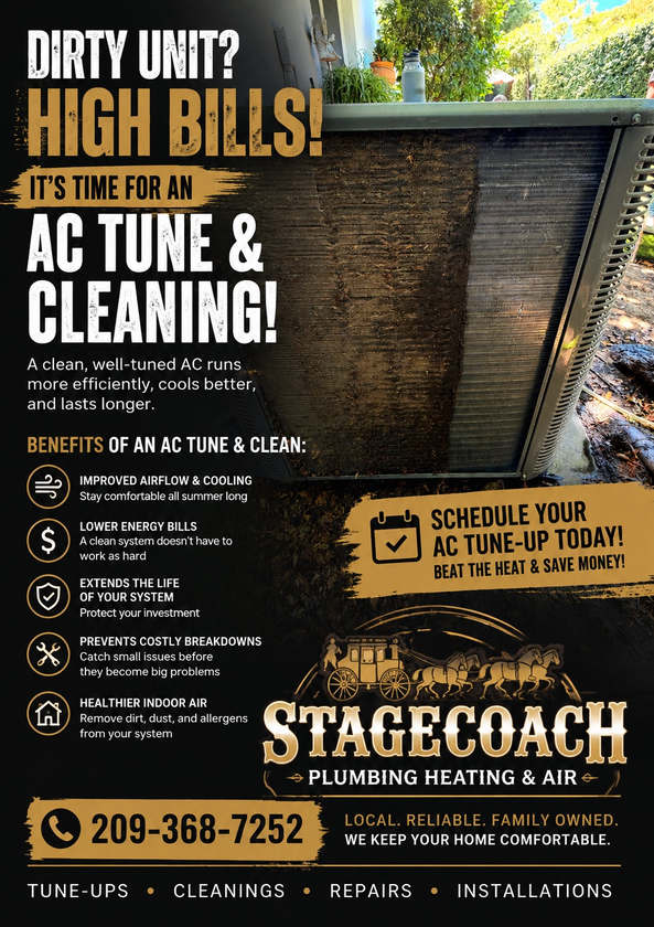 Stagecoach spring tune-up ad: $99 service, spring savings, and contact number on green floral background