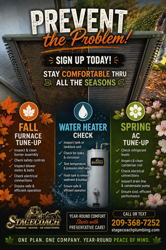 Stagecoach Plumbing Heating Air Conditioning spring savings ad with $50, $200 and $99 offers and phone number 209-368-7252