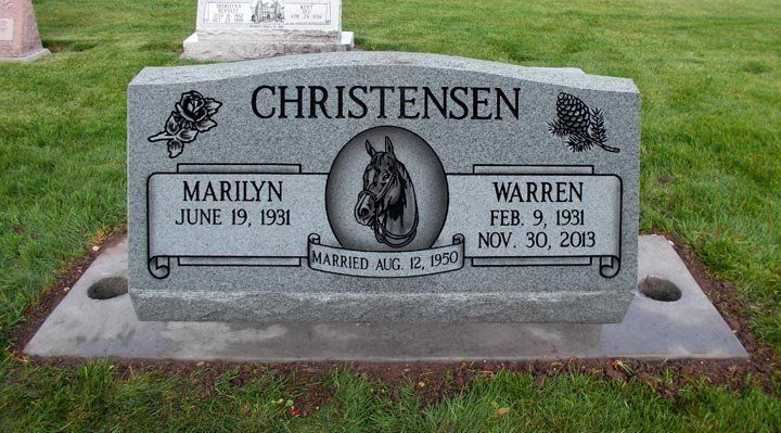 Christensen gravestone with oval portrait in a cemetery, labeled Marilyn and Warren