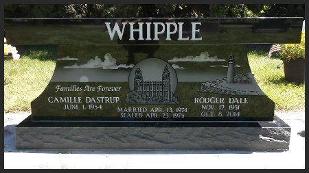 Whipple family gravestone with engraved names on a dark memorial bench in a cemetery