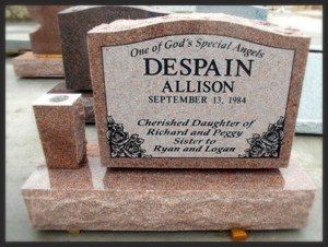Gravestone reading “DESPAIN ALLISON” with “One of God’s Special Angels” engraved above it.