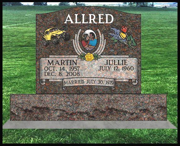 Allred family gravestone with engraved names and colorful prayer hands in a grassy cemetery