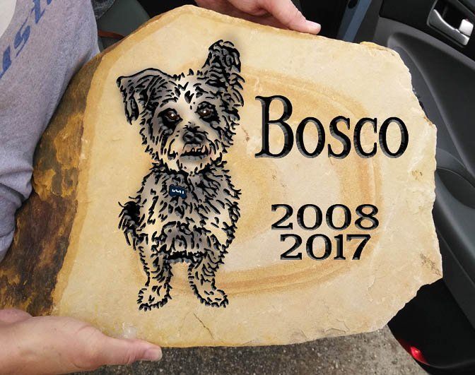 Wood plaque with a dog portrait and the name “Bosco,” plus “2008 2017” in black text.