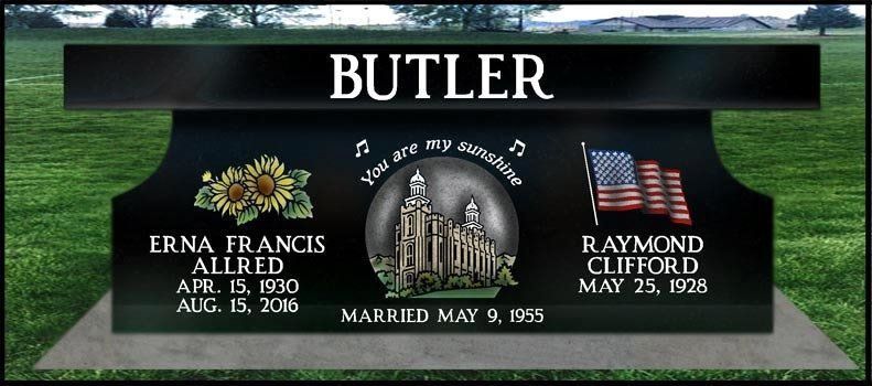 Butler gravestone with sunflowers, American flag, and names Erna Francis Allred and Raymond Clifford Butler