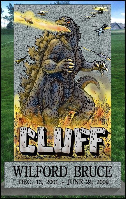 Illustrated gravestone for Wilford Bruce, with a dinosaur labeled “CLIFF” breathing fire in a graveyard.