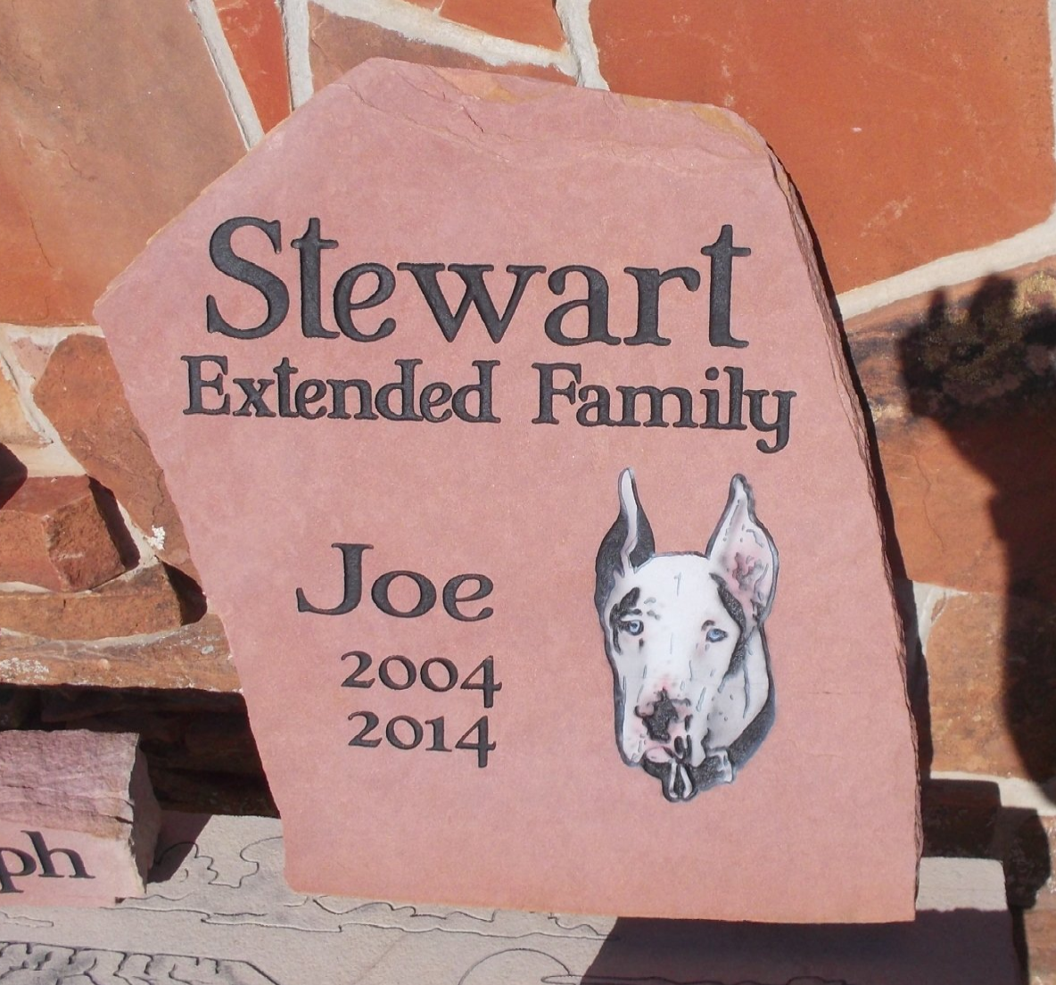 Pink memorial stone for Joe, 2004–2014, engraved “Stewart Extended Family” with a dog portrait