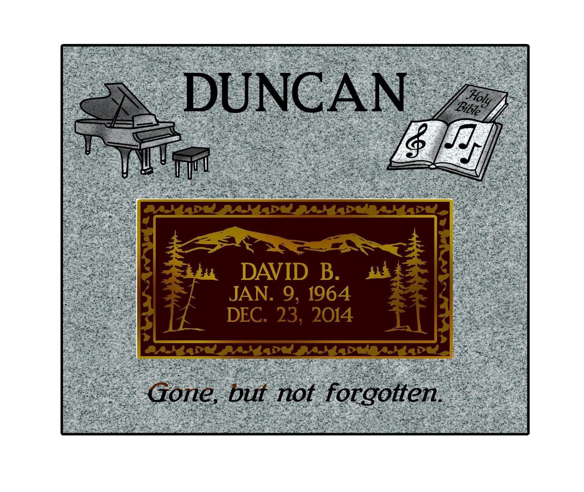 Memorial plaque for Duncan with piano and open book, honoring David B. Jan. 2, 1964–Dec. 23, 2004; “Gone, but not forgotten.”