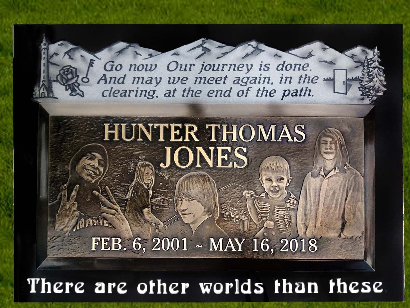 Memorial gravestone with three portraits, “Hunter Thomas Jones,” dates, and quotes on a dark stone plaque