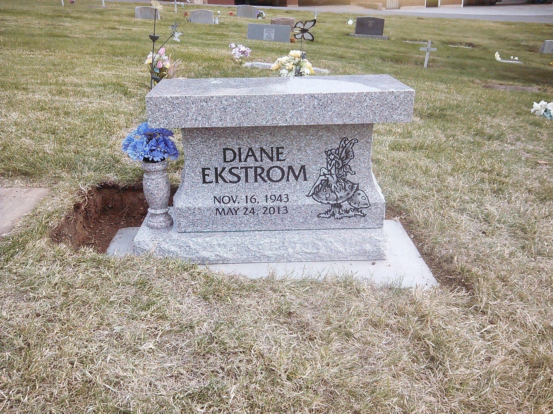 Gray gravestone reading “DANE EKSTROM” in a grassy cemetery with blue flowers nearby