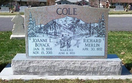Cole family gravestone with blue mountain scene and names Joanne I. Boyack and Richard Merlin