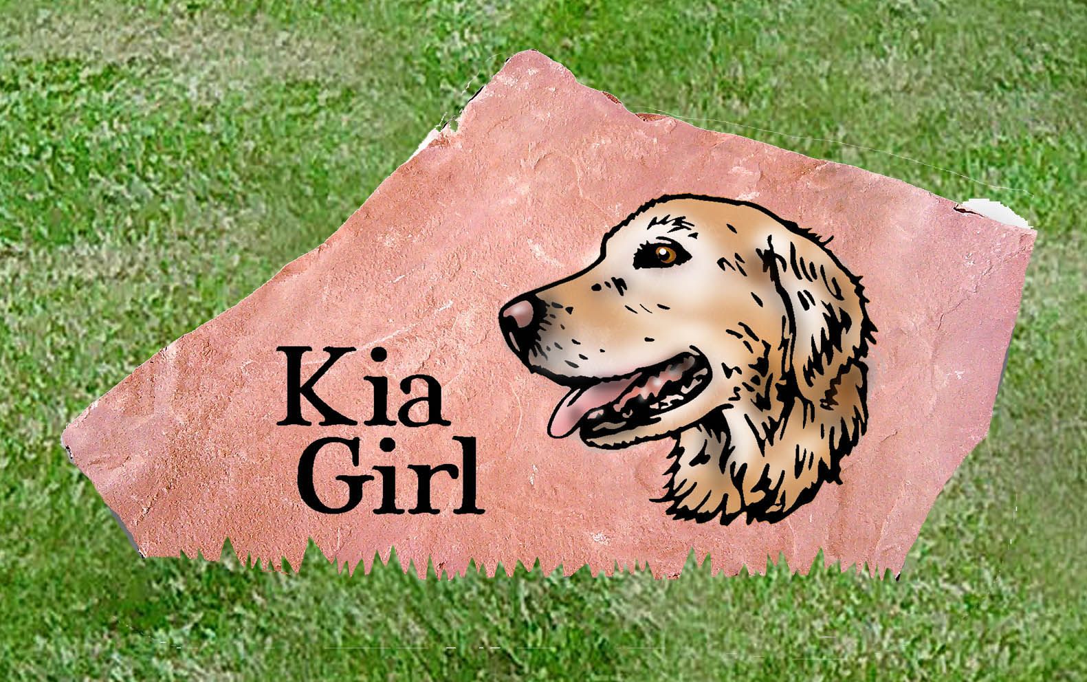 Pink stone sign on grass with a dog illustration and the text “Kia Girl”
