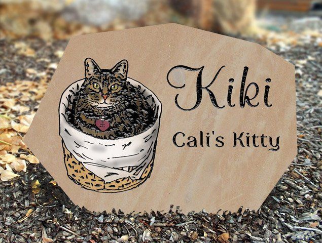 Wooden pet memorial plaque with a tabby cat illustration, labeled “Kiki” and “Cali’s Kitty.”