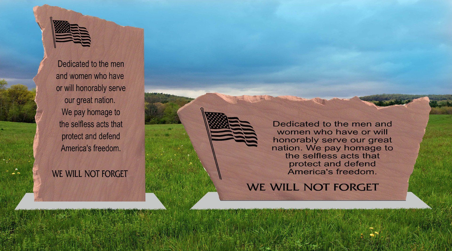 Two memorial stones with U.S. flags and engraved tribute text in a grassy field under a cloudy sky
