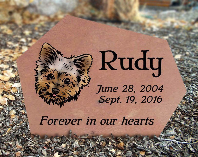 Rudy memorial plaque with dog portrait, dates June 28, 2004–Sept. 19, 2016, and “Forever in our hearts”