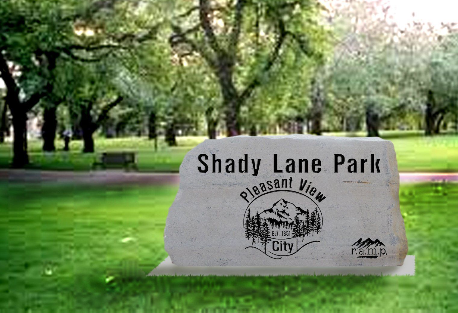 Shady Lane Park sign in a green, tree-filled park setting