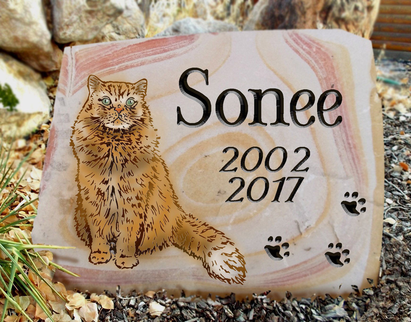 Memorial stone with a painted cougar and the name Sonee, 2002–2017, with paw prints.
