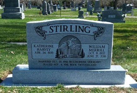 Stirling family gravestone in a cemetery, gray stone with engraved names and dates.