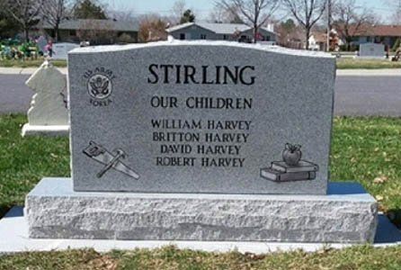 Gray memorial tombstone for the Stirling family in a cemetery, with children’s names engraved.