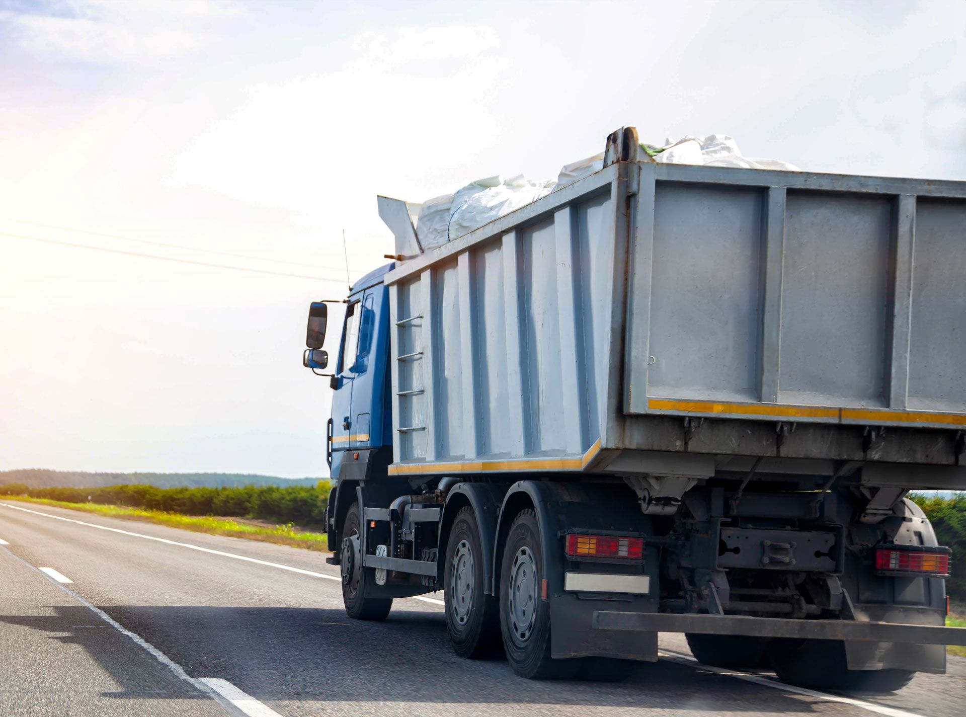 Blue dump truck driving on a highway, rear view, with a cloudy sky and open road.