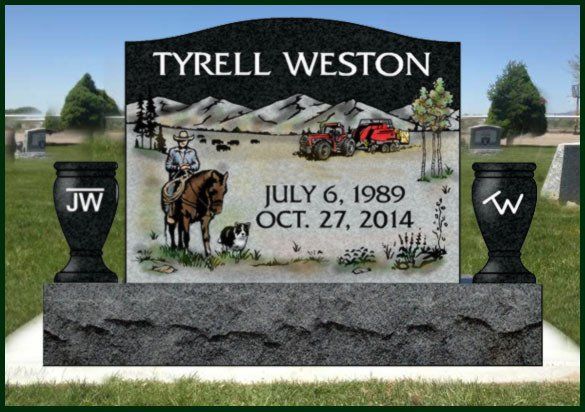 Tyrell Weston gravestone with memorial photo, dates July 6, 1989–Oct. 27, 2014, and black vases on each side